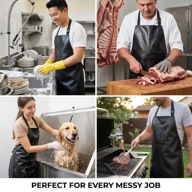 Alt view image 7 of 7 - 2 Pack Waterproof Rubber Aprons, Heavy Duty Butcher for Men, Chemical Resistant Vinyl Apron, 39" Lightweight Adjustable Plastic Aprons for Dishwashing