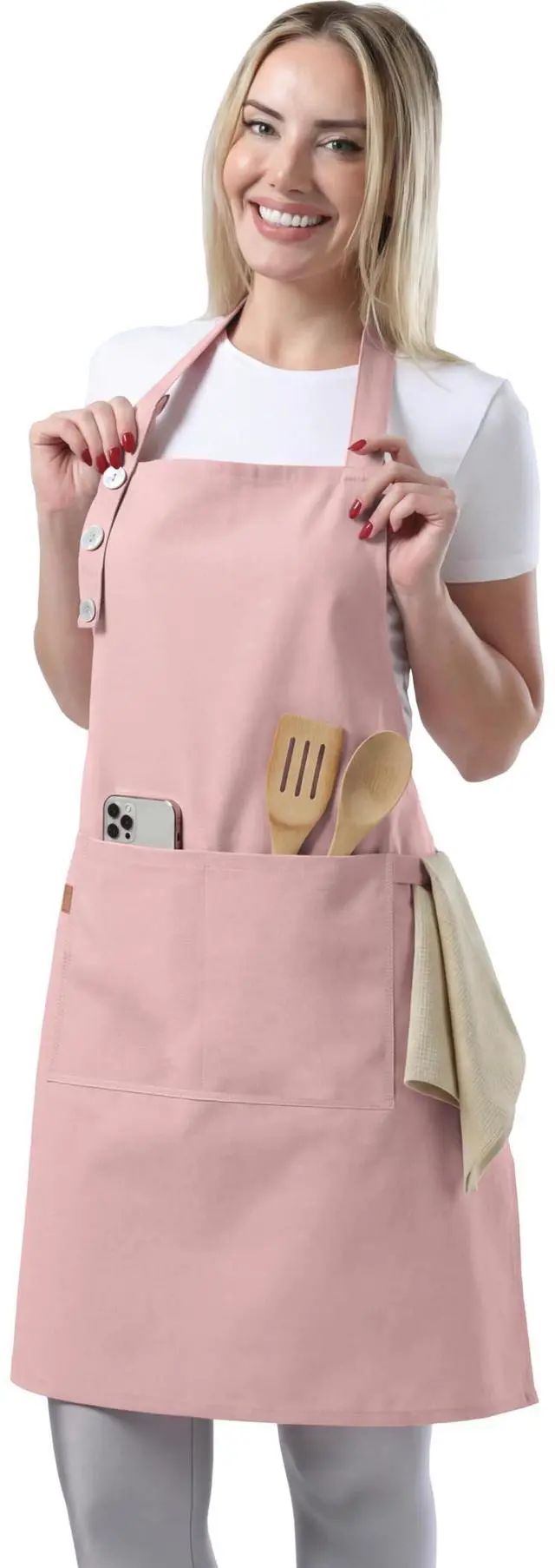 Main image of Kitchen Apron Waterdrop Resistant Cotton Apron with adjustable Aprons for Women with Pockets 10 Color option Cooking Powder Pink Apron (Powder Pink)