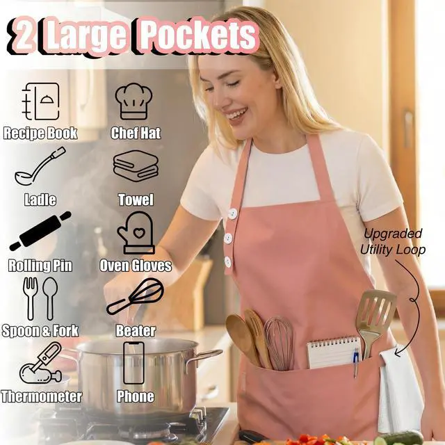 Alt view image 2 of 7 - Kitchen Apron Waterdrop Resistant Cotton Apron with adjustable Aprons for Women with Pockets 10 Color option Cooking Powder Pink Apron (Powder Pink)