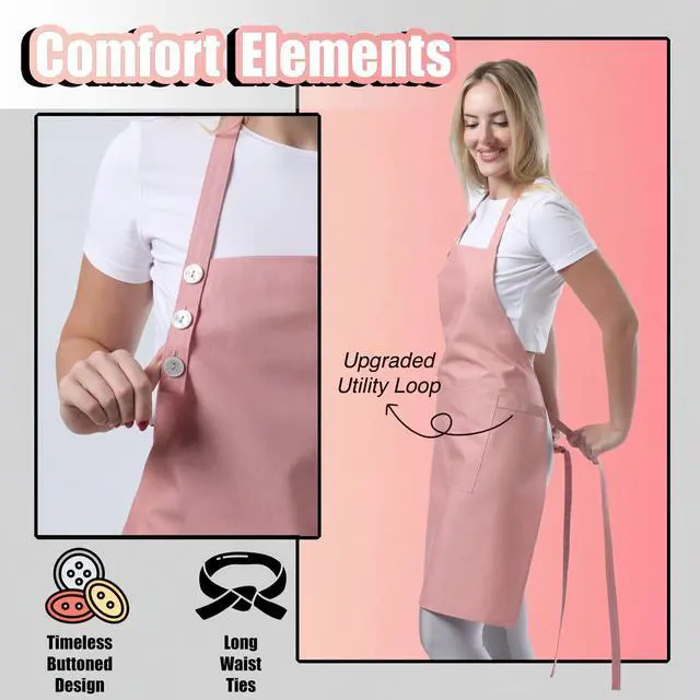 Alt view image 6 of 7 - Kitchen Apron Waterdrop Resistant Cotton Apron with adjustable Aprons for Women with Pockets 10 Color option Cooking Powder Pink Apron (Powder Pink)