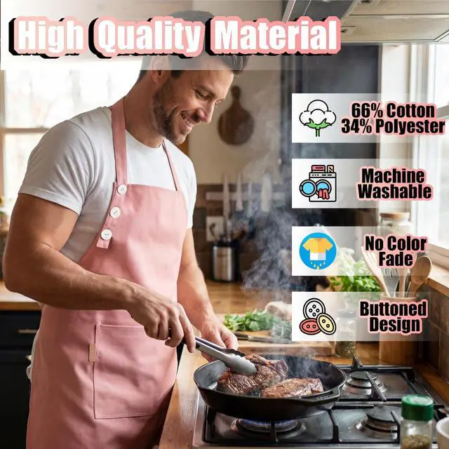 Alt view image 3 of 7 - Kitchen Apron Waterdrop Resistant Cotton Apron with adjustable Aprons for Women with Pockets 10 Color option Cooking Powder Pink Apron (Powder Pink)