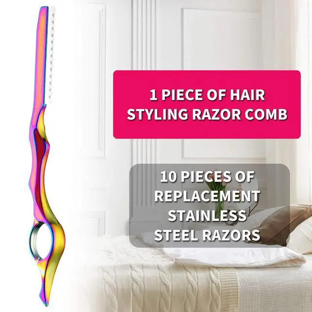 Alt view image 4 of 6 - 11 Pieces Styling Razor Thinning Comb and Texturizing Cutting Comb with Replacement Stainless Steel Razors for Salon Home Use (Vivid Neon)