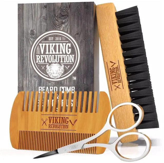 Main image of Beard Comb & Beard Brush Set for Men -- Natural Boar Bristle Brush and Dual Action Pear Wood Comb w/Velvet Travel Pouch - Great for Grooming Beards and Mustaches