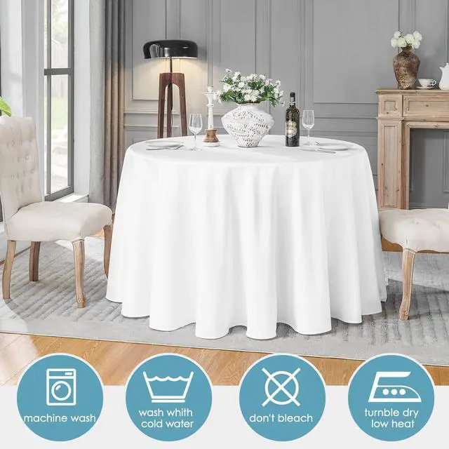 Alt view image 4 of 6 - 1 Pack 120inch Round Tablecloth Polyester Table Cloth, Stain Resistant and Wrinkle Polyester Dining Table Cover for Kitchen Dinning Party Wedding Rectangular Tabletop Buffet Decoration(White)