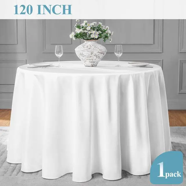 Alt view image 5 of 6 - 1 Pack 120inch Round Tablecloth Polyester Table Cloth, Stain Resistant and Wrinkle Polyester Dining Table Cover for Kitchen Dinning Party Wedding Rectangular Tabletop Buffet Decoration(White)
