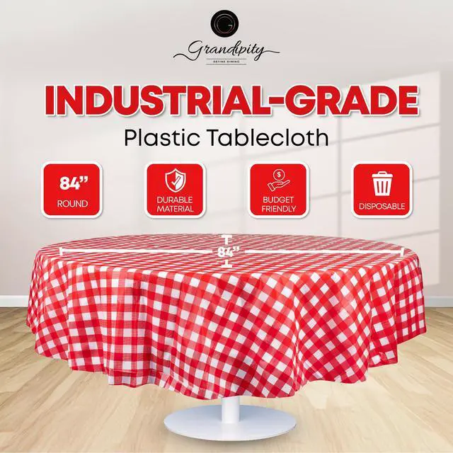 Alt view image 2 of 7 - Red Gingham Checkered Plastic Table Cloth Disposable (6 Pk) 84in Round Tablecloth Premium Party Table Cloths Disposable - Perfect Table Cloth Round Cover for Any Table Up to 6 Feet