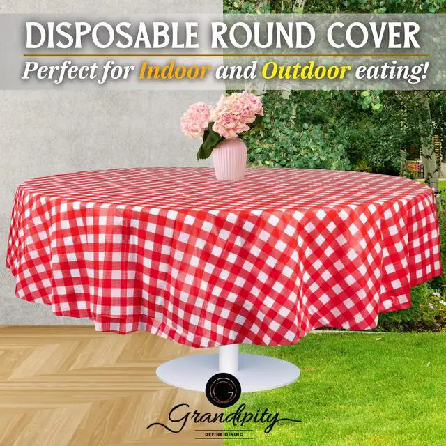 Alt view image 5 of 7 - Red Gingham Checkered Plastic Table Cloth Disposable (6 Pk) 84in Round Tablecloth Premium Party Table Cloths Disposable - Perfect Table Cloth Round Cover for Any Table Up to 6 Feet