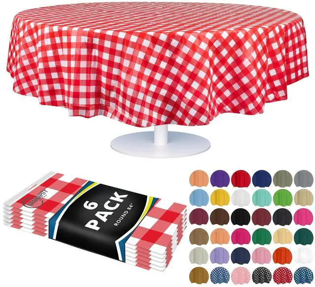 Main image of Red Gingham Checkered Plastic Table Cloth Disposable (6 Pk) 84in Round Tablecloth Premium Party Table Cloths Disposable - Perfect Table Cloth Round Cover for Any Table Up to 6 Feet