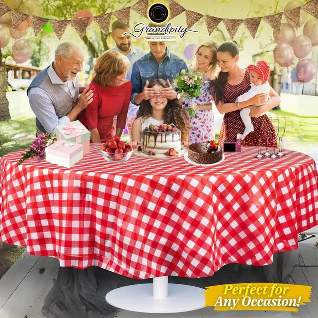 Alt view image 6 of 7 - Red Gingham Checkered Plastic Table Cloth Disposable (6 Pk) 84in Round Tablecloth Premium Party Table Cloths Disposable - Perfect Table Cloth Round Cover for Any Table Up to 6 Feet