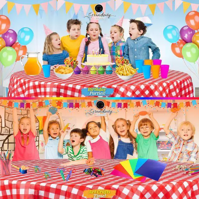 Alt view image 4 of 7 - Red Gingham Checkered Plastic Table Cloth Disposable (6 Pk) 84in Round Tablecloth Premium Party Table Cloths Disposable - Perfect Table Cloth Round Cover for Any Table Up to 6 Feet