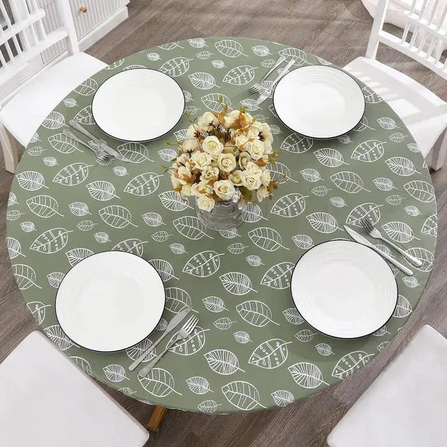 Main image of Round Vinyl Fitted Tablecloth with Flannel Backing Elastic Edge Design Table Cover Waterproof Oil-Proof PVC Table Cloth Stain-Resistant Best for 37"-44" Round