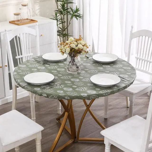 Alt view image 4 of 7 - Round Vinyl Fitted Tablecloth with Flannel Backing Elastic Edge Design Table Cover Waterproof Oil-Proof PVC Table Cloth Stain-Resistant Best for 37"-44" Round