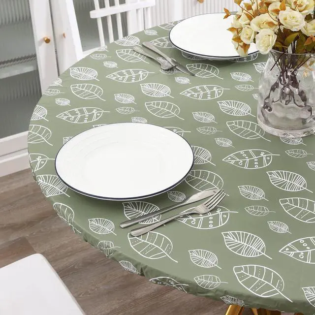 Alt view image 7 of 7 - Round Vinyl Fitted Tablecloth with Flannel Backing Elastic Edge Design Table Cover Waterproof Oil-Proof PVC Table Cloth Stain-Resistant Best for 37"-44" Round