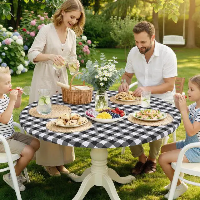 Alt view image 2 of 7 - Round Picnic Tablecloth, Elastic Waterproof Fitted Vinyl Tablecloths for 36"-44" Tables, Flannel Backed Buffalo Plaid Table Cover for Dining, Camping, Outdoor, Black and White