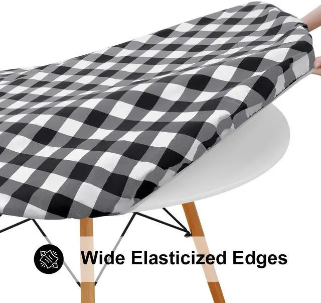 Alt view image 3 of 7 - Round Picnic Tablecloth, Elastic Waterproof Fitted Vinyl Tablecloths for 36"-44" Tables, Flannel Backed Buffalo Plaid Table Cover for Dining, Camping, Outdoor, Black and White