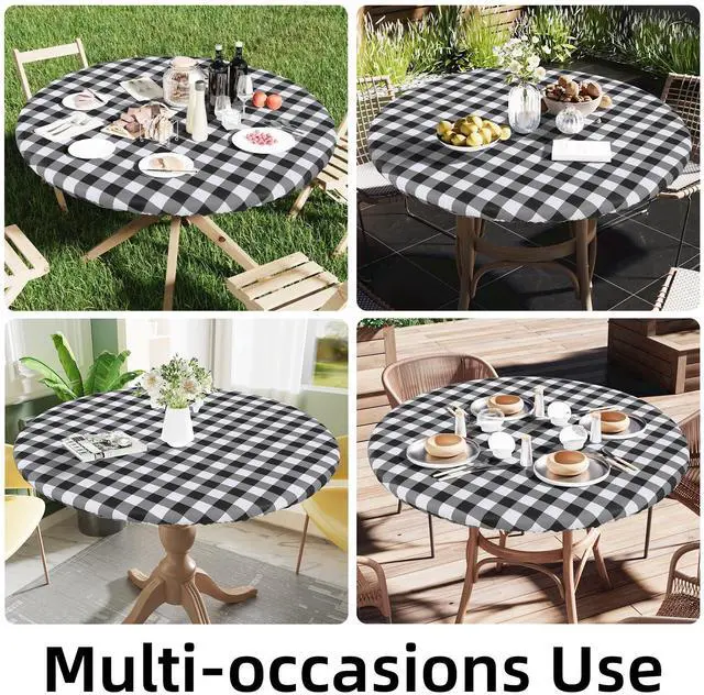 Alt view image 7 of 7 - Round Picnic Tablecloth, Elastic Waterproof Fitted Vinyl Tablecloths for 36"-44" Tables, Flannel Backed Buffalo Plaid Table Cover for Dining, Camping, Outdoor, Black and White