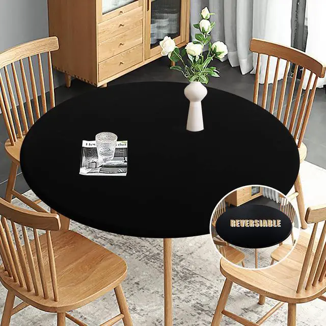 Main image of Fitted Round Table Cloth, Reversible Waterproof Stain Resistant Elastic Stretch Tablecloth, Wipe Clean Table Cover for Outdoor/Indoor Use, Fits Round Tables up to 40" - 44" Diameter, Black