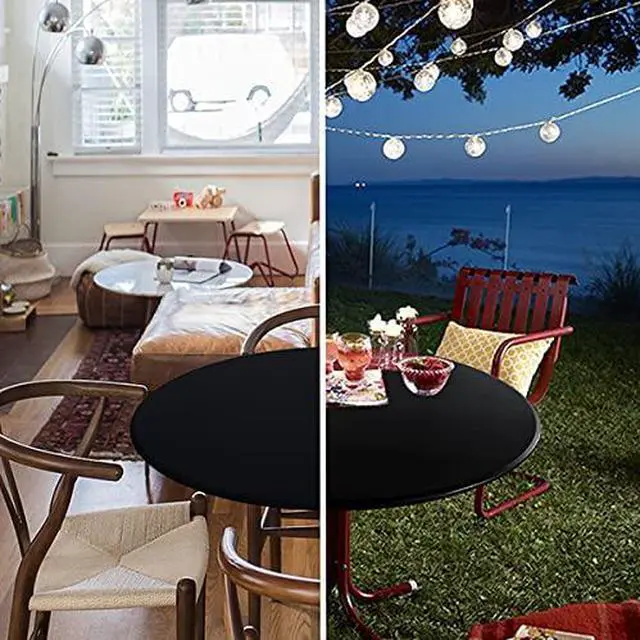 Alt view image 2 of 7 - Fitted Round Table Cloth, Reversible Waterproof Stain Resistant Elastic Stretch Tablecloth, Wipe Clean Table Cover for Outdoor/Indoor Use, Fits Round Tables up to 40" - 44" Diameter, Black