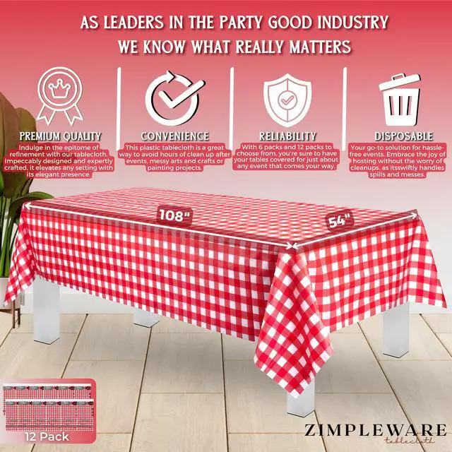 Alt view image 3 of 7 - Premium Red Gingham Checkered Plastic Table Cloth Disposable (12 Pk) Plastic Tablecloths for Rectangle Tables (54in x 108in) Party Table Cloths Disposable for 6ft to 8ft Rectangle Tables