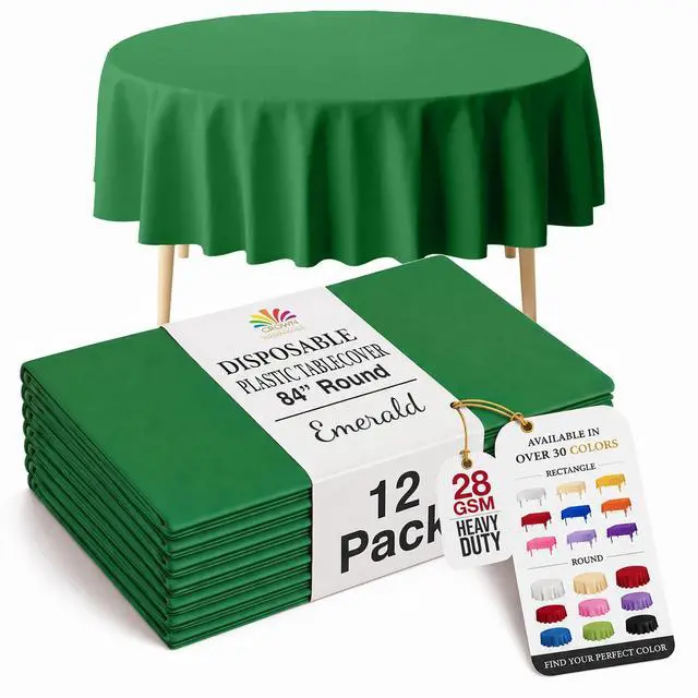 Main image of 12-Pack Premium Plastic Tablecloth 12-Pack Premium Plastic Tablecloth 84in. Round Table Cover - Emerald Green