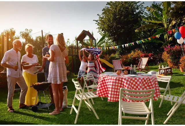 Alt view image 6 of 7 - Picnic Table Cover - 12 Pack Premium Round Tablecloth - Red & White Checkered BBQ Plastic Table Cover - Gingham Checkerboard Disposable Plastic Tablecloth 84 inch. Round