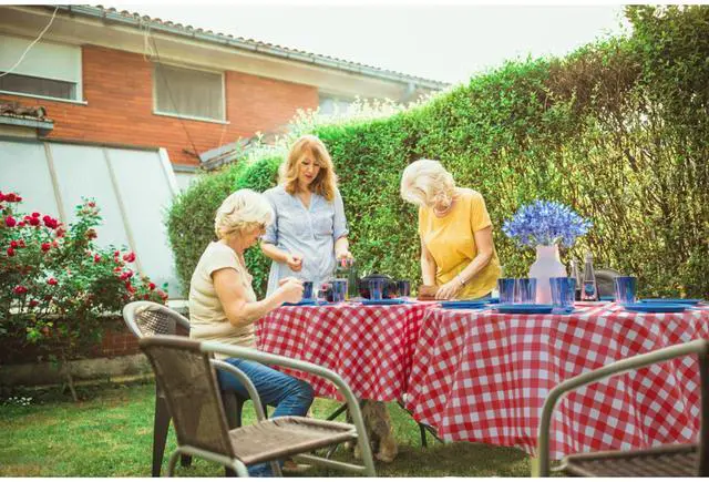 Alt view image 5 of 7 - Picnic Table Cover - 12 Pack Premium Round Tablecloth - Red & White Checkered BBQ Plastic Table Cover - Gingham Checkerboard Disposable Plastic Tablecloth 84 inch. Round