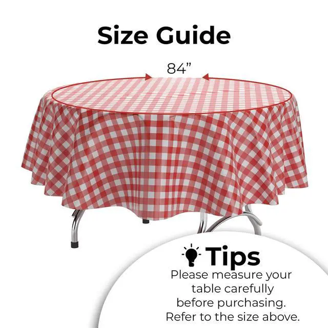 Alt view image 2 of 7 - Picnic Table Cover - 12 Pack Premium Round Tablecloth - Red & White Checkered BBQ Plastic Table Cover - Gingham Checkerboard Disposable Plastic Tablecloth 84 inch. Round