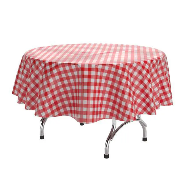 Alt view image 7 of 7 - Picnic Table Cover - 12 Pack Premium Round Tablecloth - Red & White Checkered BBQ Plastic Table Cover - Gingham Checkerboard Disposable Plastic Tablecloth 84 inch. Round