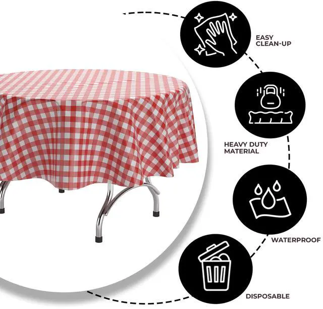 Alt view image 4 of 7 - Picnic Table Cover - 12 Pack Premium Round Tablecloth - Red & White Checkered BBQ Plastic Table Cover - Gingham Checkerboard Disposable Plastic Tablecloth 84 inch. Round