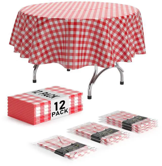 Main image of Picnic Table Cover - 12 Pack Premium Round Tablecloth - Red & White Checkered BBQ Plastic Table Cover - Gingham Checkerboard Disposable Plastic Tablecloth 84 inch. Round