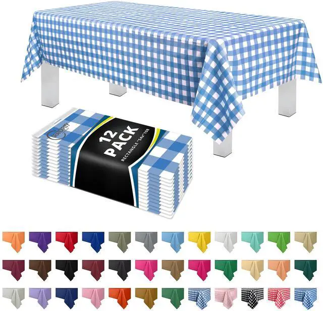 Main image of 12 Pack Premium Disposable Plastic Picnic Tablecloth 54 Inch. x 108 Inch. Decorative Rectangle Table Cover - Blue Checkered Gingham