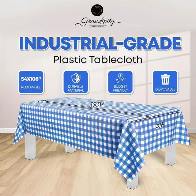 Alt view image 2 of 6 - 12 Pack Premium Disposable Plastic Picnic Tablecloth 54 Inch. x 108 Inch. Decorative Rectangle Table Cover - Blue Checkered Gingham