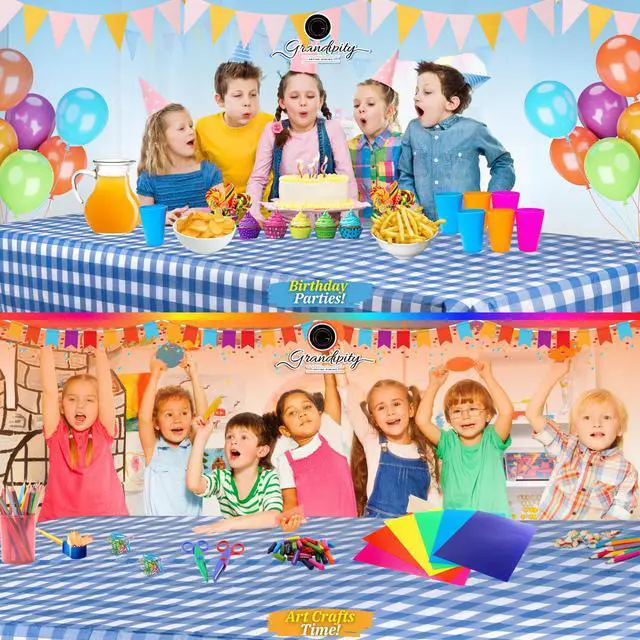 Alt view image 4 of 6 - 12 Pack Premium Disposable Plastic Picnic Tablecloth 54 Inch. x 108 Inch. Decorative Rectangle Table Cover - Blue Checkered Gingham