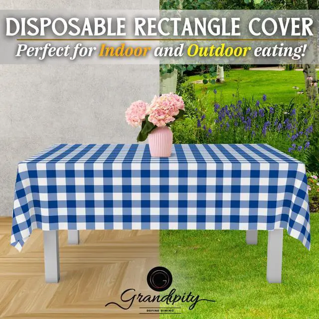 Alt view image 5 of 6 - 12 Pack Premium Disposable Plastic Picnic Tablecloth 54 Inch. x 108 Inch. Decorative Rectangle Table Cover - Blue Checkered Gingham