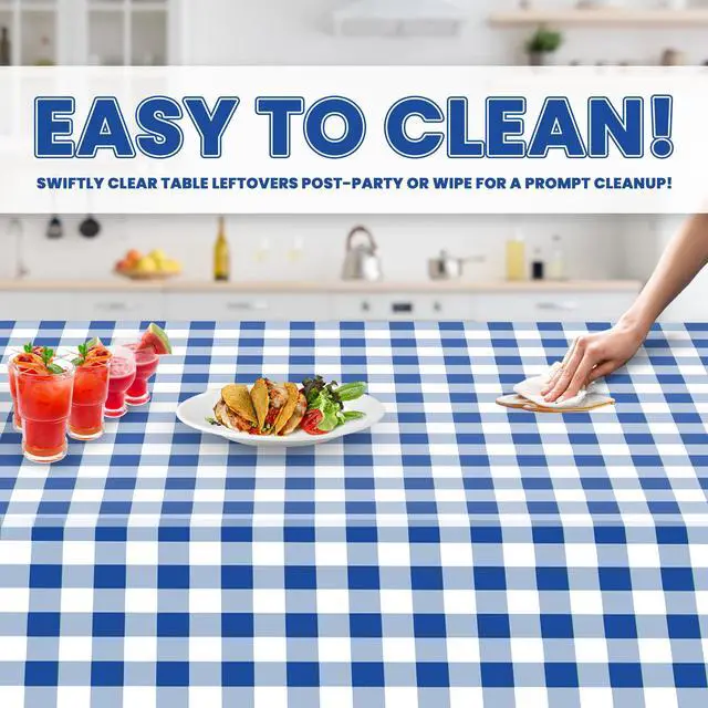 Alt view image 3 of 6 - 12 Pack Premium Disposable Plastic Picnic Tablecloth 54 Inch. x 108 Inch. Decorative Rectangle Table Cover - Blue Checkered Gingham