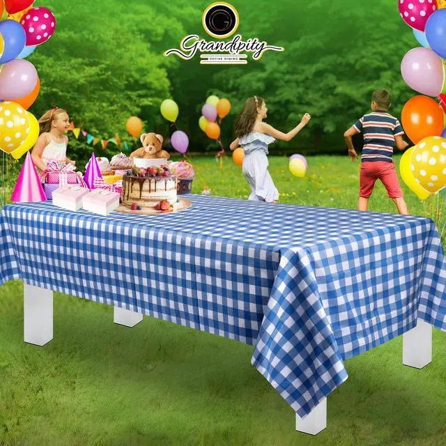 Alt view image 6 of 6 - 12 Pack Premium Disposable Plastic Picnic Tablecloth 54 Inch. x 108 Inch. Decorative Rectangle Table Cover - Blue Checkered Gingham