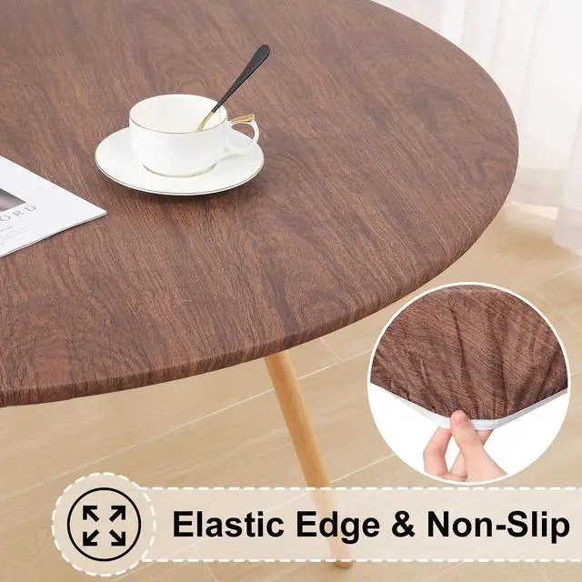 Alt view image 2 of 7 - Round Fitted Tablecloth with Elastic Edge, 100% Waterproof Oil Proof Plastic Table Cover, Vinyl Flannel Backed Tablecloth Fits 36"-44" Round Tables for Dinner, Outdoor, Picnic, Oak Wooden Grain