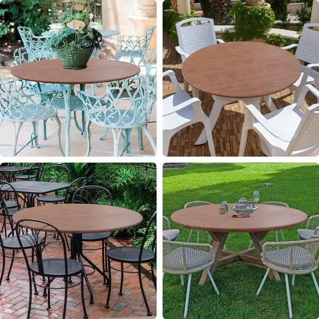 Alt view image 6 of 7 - Round Fitted Tablecloth with Elastic Edge, 100% Waterproof Oil Proof Plastic Table Cover, Vinyl Flannel Backed Tablecloth Fits 36"-44" Round Tables for Dinner, Outdoor, Picnic, Oak Wooden Grain