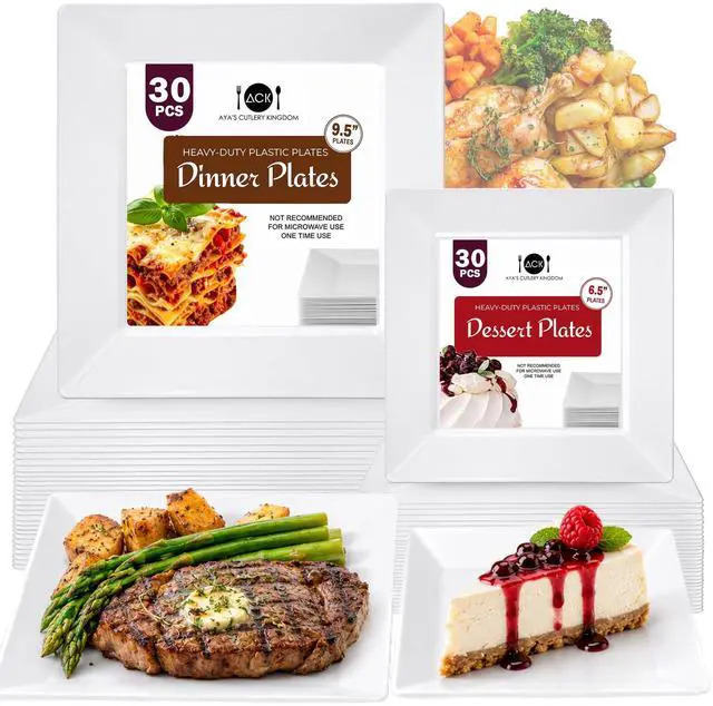 Main image of 60ct Square Plastic Disposable Plates, White - 9.5-Inch 30 Dinner and 6.5-Inch 30 Salad Plates for Party - Heavy-Duty Hard Plastic Design for Wedding, Event, Christmas, and Thanksgiving