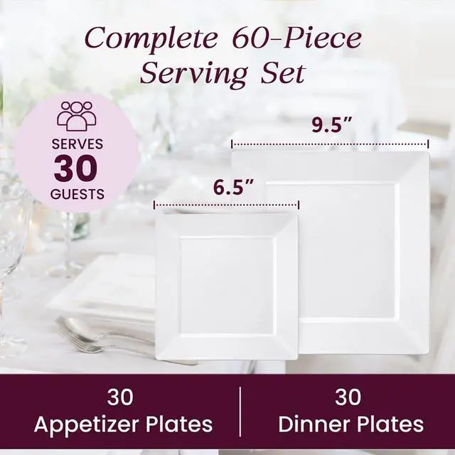 Alt view image 3 of 7 - 60ct Square Plastic Disposable Plates, White - 9.5-Inch 30 Dinner and 6.5-Inch 30 Salad Plates for Party - Heavy-Duty Hard Plastic Design for Wedding, Event, Christmas, and Thanksgiving