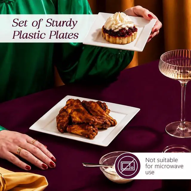 Alt view image 2 of 7 - 60ct Square Plastic Disposable Plates, White - 9.5-Inch 30 Dinner and 6.5-Inch 30 Salad Plates for Party - Heavy-Duty Hard Plastic Design for Wedding, Event, Christmas, and Thanksgiving