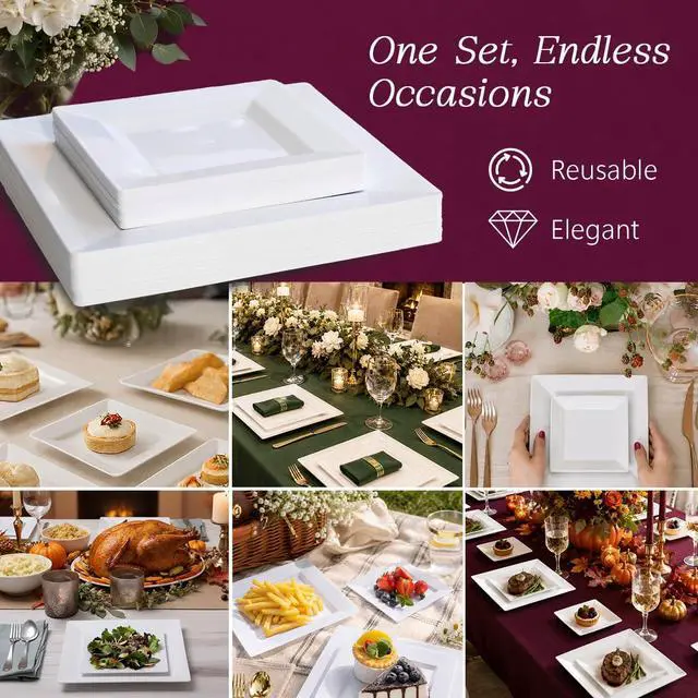 Alt view image 5 of 7 - 60ct Square Plastic Disposable Plates, White - 9.5-Inch 30 Dinner and 6.5-Inch 30 Salad Plates for Party - Heavy-Duty Hard Plastic Design for Wedding, Event, Christmas, and Thanksgiving