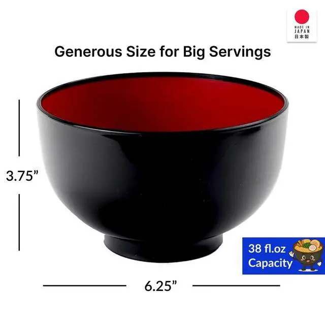 Alt view image 2 of 6 - Authentic Japanese Plastic Ramen Bowl, Black and Red Lacquered Style Noodle Soup Bowl, Made in Japan, Food Safe BPA Free, Microwave and Dishwasher Safe, 38 oz