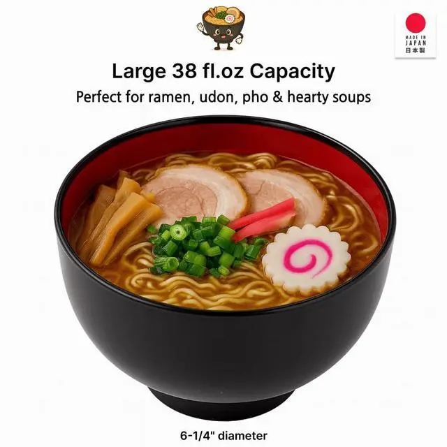 Alt view image 3 of 6 - Authentic Japanese Plastic Ramen Bowl, Black and Red Lacquered Style Noodle Soup Bowl, Made in Japan, Food Safe BPA Free, Microwave and Dishwasher Safe, 38 oz