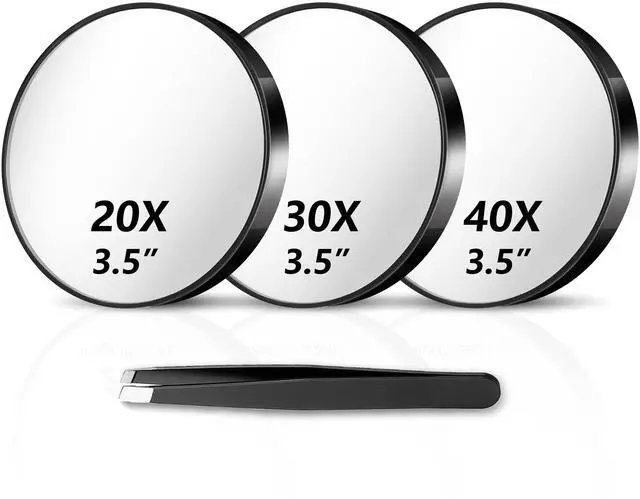 Main image of Magnifying Mirror 20X&30X&40X 3Packs with Tweezer and Suction Cups Set, 3.5 Inches Compact Travel Magnified Mirror-Black