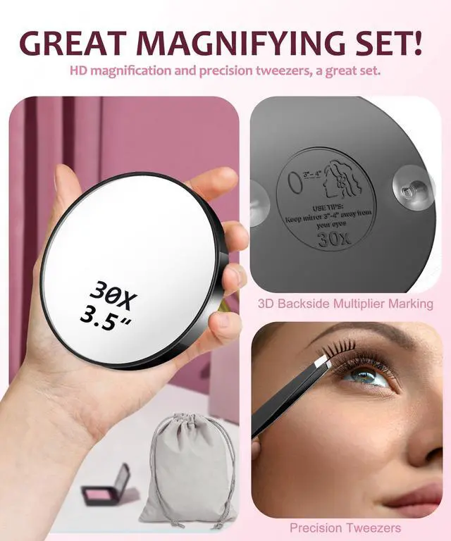 Alt view image 2 of 7 - Magnifying Mirror 20X&30X&40X 3Packs with Tweezer and Suction Cups Set, 3.5 Inches Compact Travel Magnified Mirror-Black