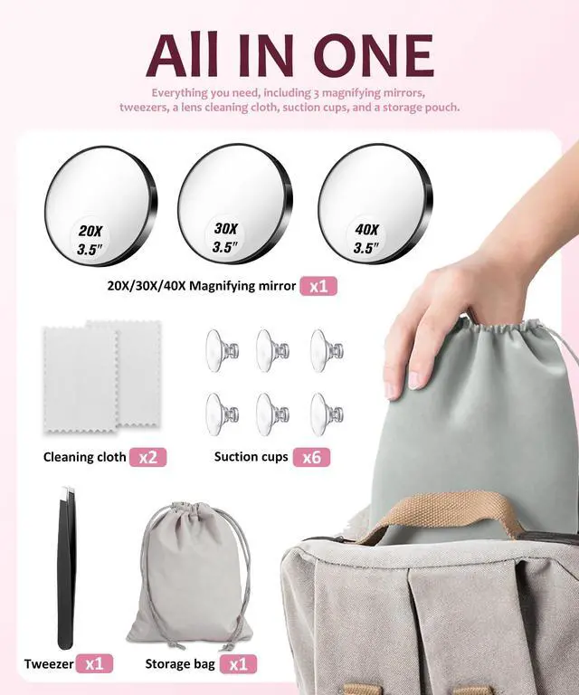 Alt view image 3 of 7 - Magnifying Mirror 20X&30X&40X 3Packs with Tweezer and Suction Cups Set, 3.5 Inches Compact Travel Magnified Mirror-Black