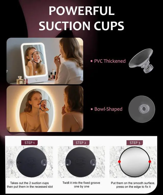 Alt view image 6 of 7 - Magnifying Mirror 20X&30X&40X 3Packs with Tweezer and Suction Cups Set, 3.5 Inches Compact Travel Magnified Mirror-Black