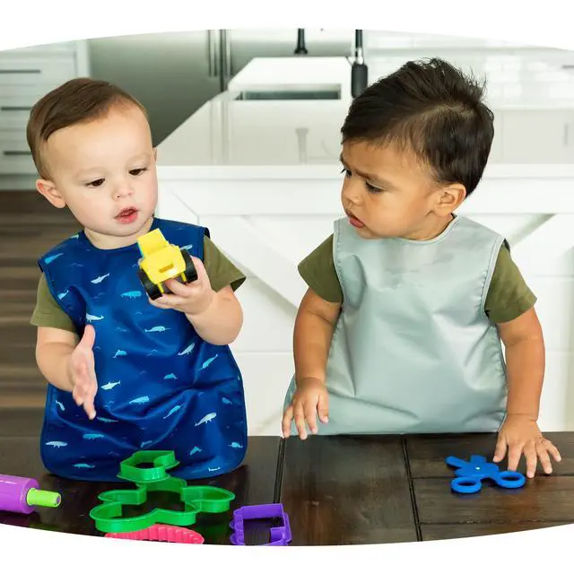 Alt view image 2 of 6 - Mess Proof Baby Bibs | 2 Pack Waterproof Toddler Bib for Eating | Baby Apron for Feeding, Machine Washable, Perfect Shower Gift (Sage Charcoal, 2-4Y)