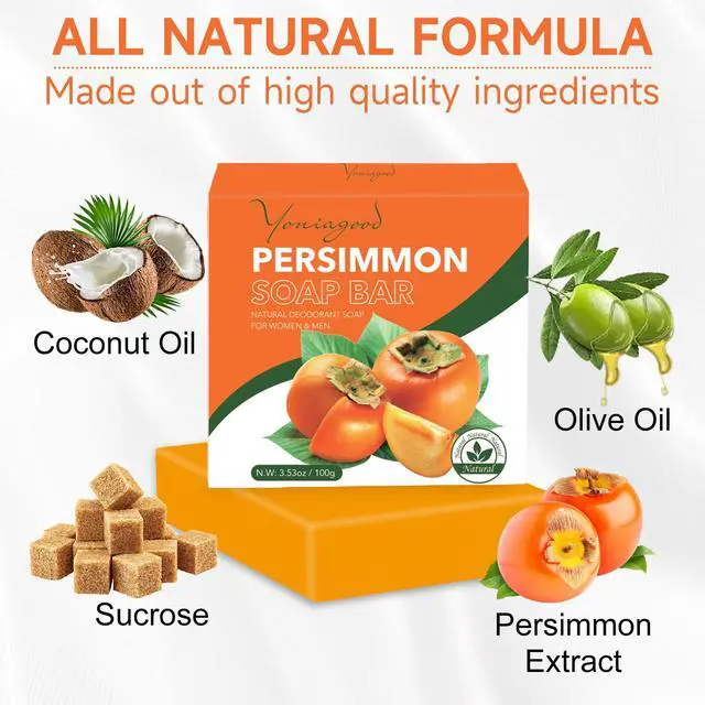 Alt view image 2 of 7 - 3 PCS Persimmon Soap Bar for Body Odor Control, Natural Refreshing Body Bar Soap for Old People Smell, Organic Deep Cleaning Body Face Wash Soap for Women & Men All Skin Types